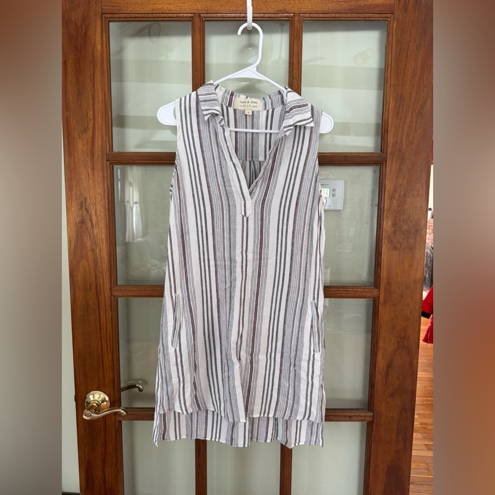 Anthropologie Cloth & Stone Linen V Neck Dress Small Striped Beachy Coastal